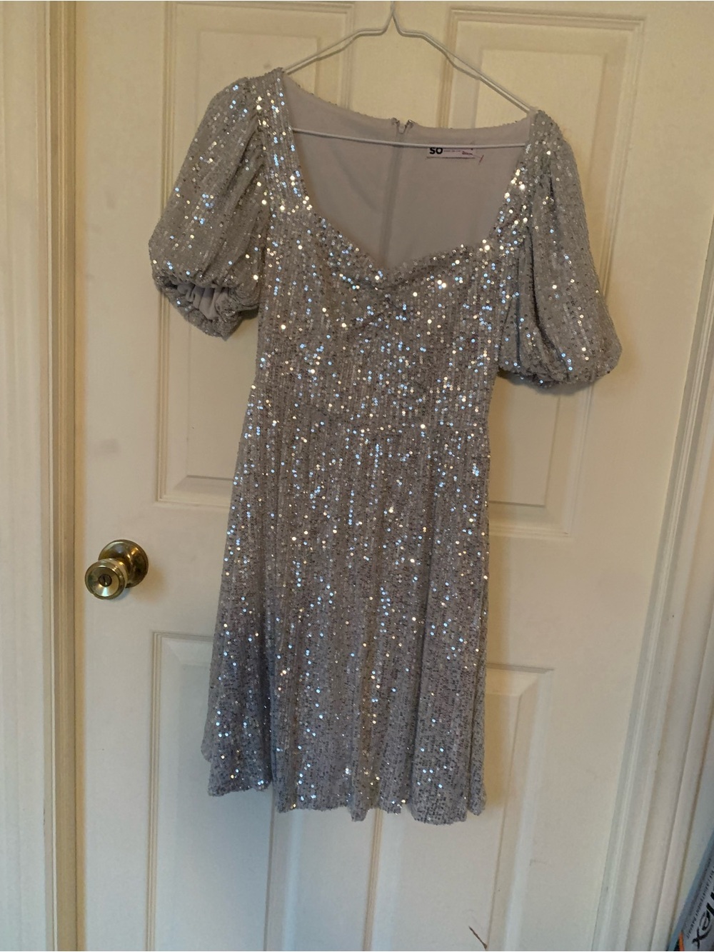 SO Silver Sequin Puff-Sleeve A-Line Dress
